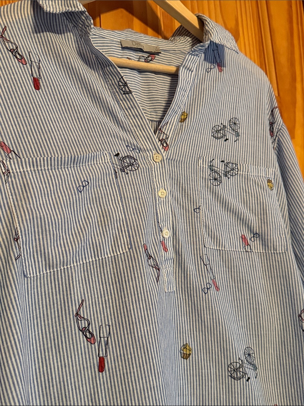 Dalia Blue and White Striped Button Down Shirt with Novelty Print - Picture 4 of 9